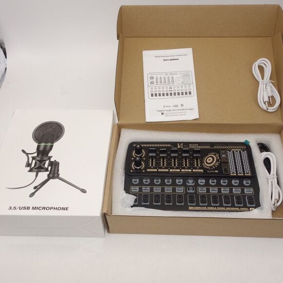 NEW Podcast Setup Sound Card K500 Audio Card with Effects Condenser Microphone - Picture 1 of 7